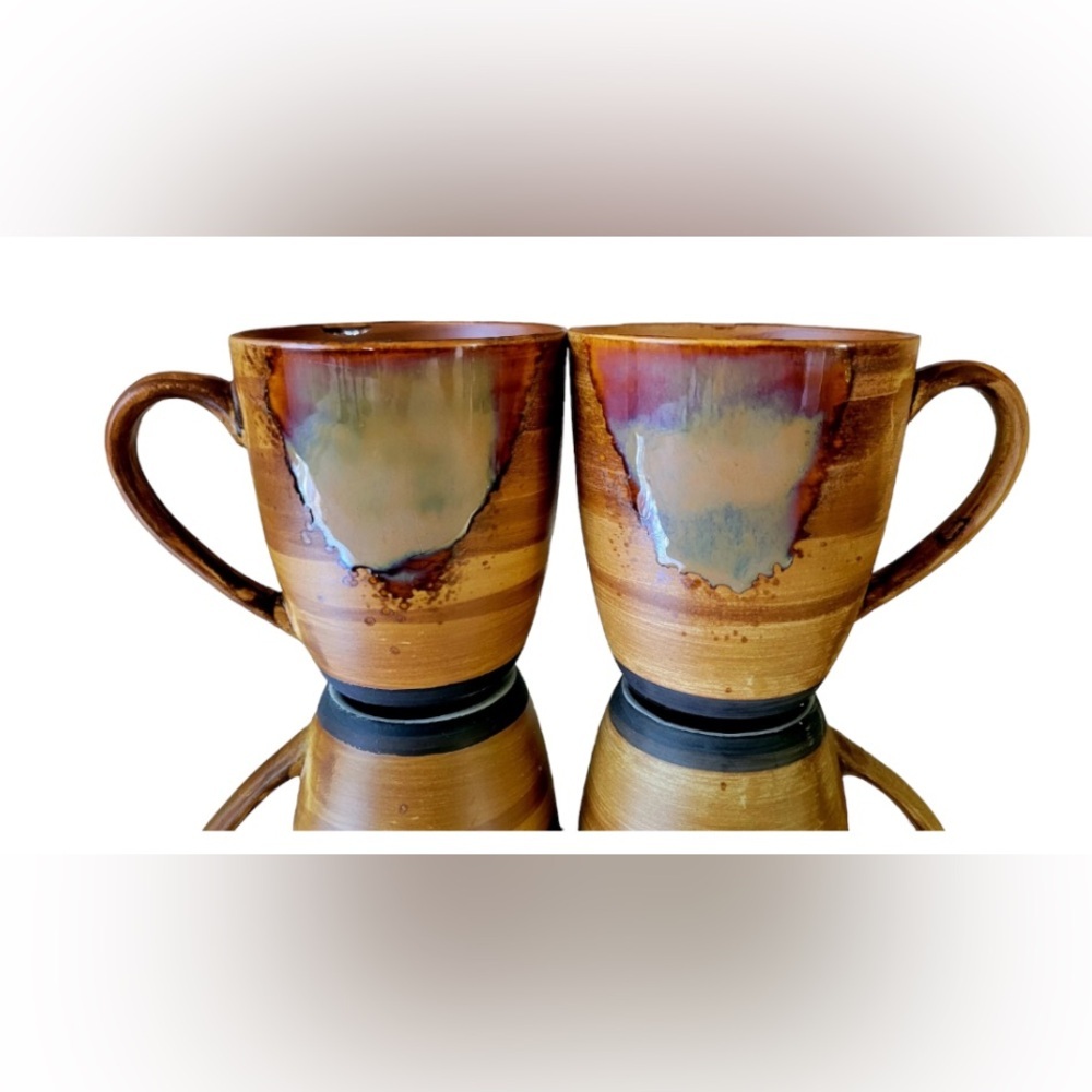 SANGO Splash Brown Drip Glazed Pottery Coffee Mugs Cups Set of 2 Gorgeous Finish - Picture 3 of 4